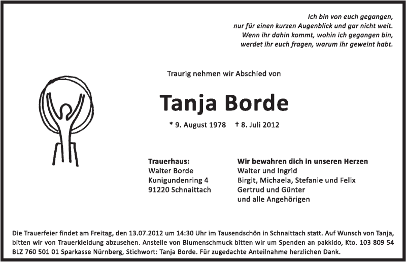  Traueranzeige für Tanja Borde vom 11.07.2012 aus Pegnitz-Zeitung